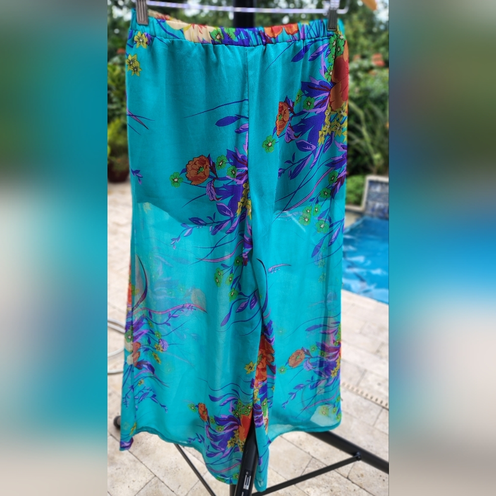 FLYING TOMATO TURQUOISE TROPICAL WIDE LEG LINED PALAZZO PANTS WOMEN'S Sz MEDIUM